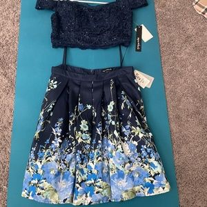 Navy Blue, 2 piece, Floral Dress